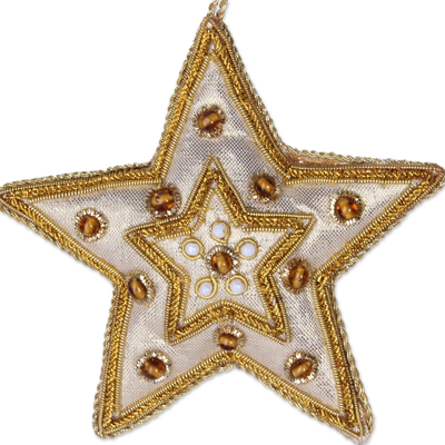 Beadwork ornaments, 'Glorious Star' (set of 5) - Gleaming Gold Stars Christmas Beadwork Ornaments Set of 5