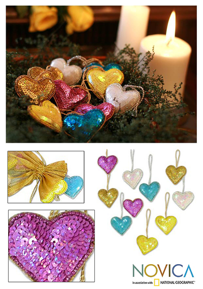 Ornaments, 'Sparkling Hearts' (set of 10) - Indian Hand Made Heart Shaped Ornaments (Set of 10)