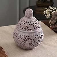 Soapstone jar, 'Ivy and Lace' - Hand Carved Soapstone Decorative Jar from India