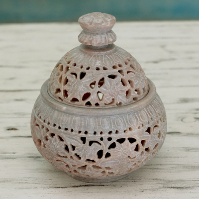 Soapstone jar, 'Ivy and Lace' - Hand Carved Soapstone Decorative Jar from India