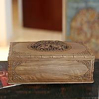 Walnut Jewellery box, 'A Walk in the Forest' - Hand Carved Wood Jewellery Box