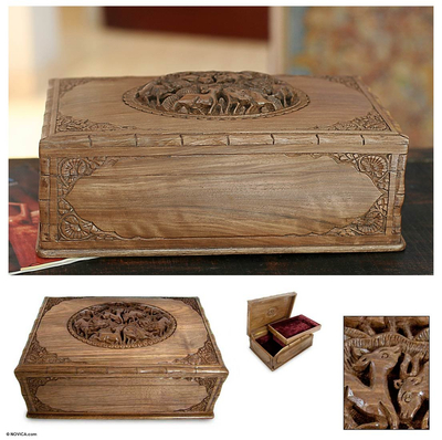 Walnut jewelry box, 'A Walk in the Forest' - Hand Carved Wood Jewelry Box