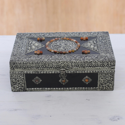 Brass jewelry box, 'Charisma' - Hand Made Brass Repoussé Jewelry Box