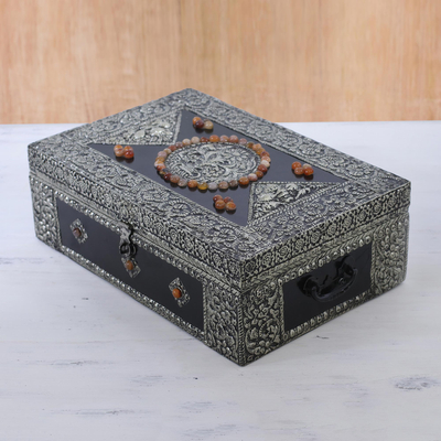 Brass jewelry box, 'Charisma' - Hand Made Brass Repoussé Jewelry Box