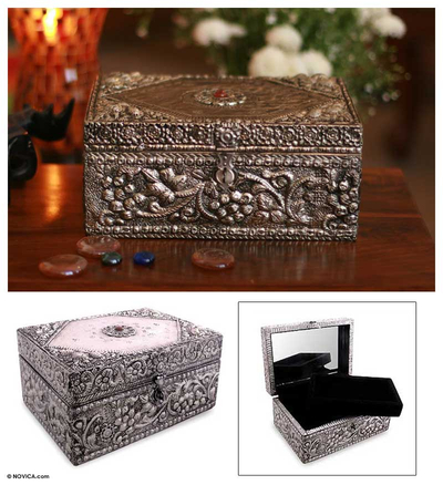 Brass jewelry box, 'Vineyard' - Repousse Brass Jewelry Box