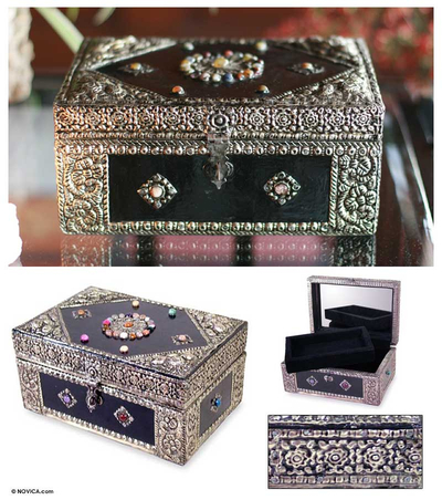 Brass jewelry box, 'Enchantment' - Hand Made Repousse Brass Jewelry Box