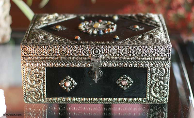 Brass jewelry box, 'Enchantment' - Hand Made Repousse Brass jewellery Box