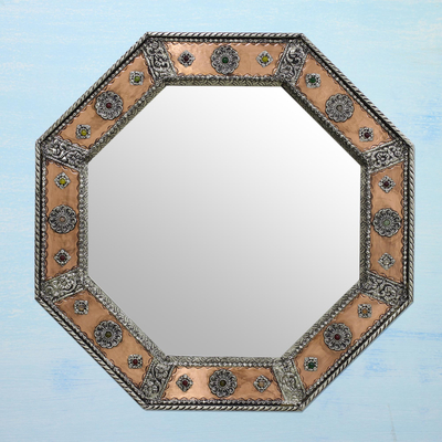 Espejo - Espejo de pared octogonal Cobre Níquel Hecho a mano en India