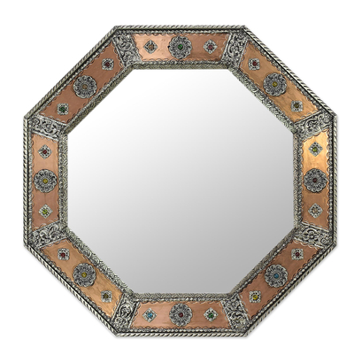 Mirror, 'Crown Jewels' - Octagonal Wall Mirror Copper Nickel Handmade in India