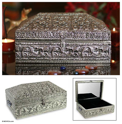 Brass Jewellery box, 'Floral Coffer' - Handmade Floral Brass Jewellery Box