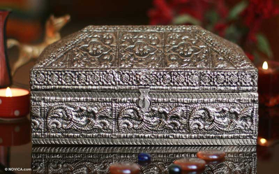 Brass Jewellery box, 'Floral Coffer' - Handmade Floral Brass Jewellery Box