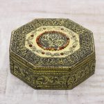 Brass jewelry box, 'Golden Treasures' - Hand Crafted Repousse Brass Jewelry Box