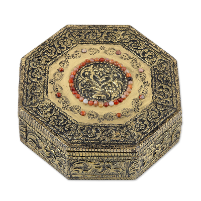 Brass Jewellery box, 'Golden Treasures' - Hand Crafted Repousse Brass Jewellery Box