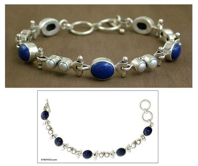 Lapis and pearl link bracelet, 'Sky Song' - Handmade Sterling Silver Link Lapis Lazuli Pearl Bracelet