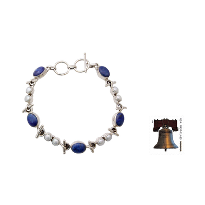 Lapis and pearl link bracelet, 'Sky Song' - Handmade Sterling Silver Link Lapis Lazuli Pearl Bracelet