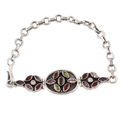 Garnet and amethyst pendant bracelet, 'Lucky Triad' - Hand Crafted Sterling Silver Multigem Link Bracelet