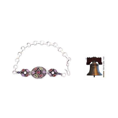 Garnet and amethyst pendant bracelet, 'Lucky Triad' - Hand Crafted Sterling Silver Multigem Link Bracelet