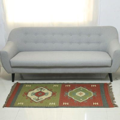 Wool and jute rug, 'Opposites' (3x5) - Red and Green Wool and Jute Dhurrie Rug (3x5)