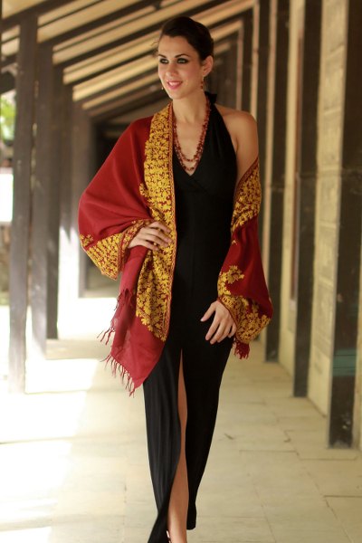 Wool shawl, 'Wine Floral Drama' - Wool Shawl Embroidered Handcrafted Burgundy Wrap