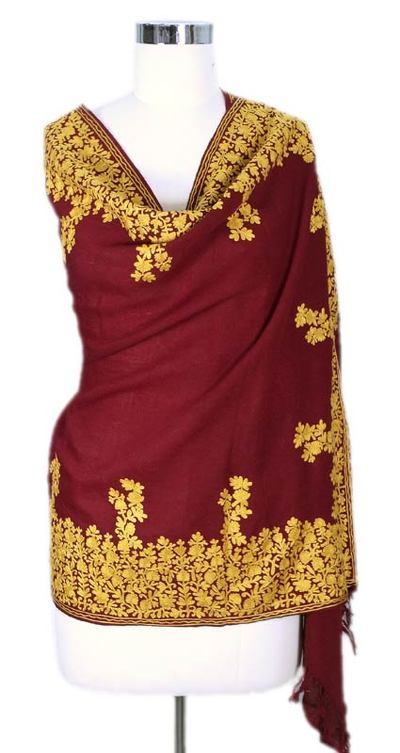 Wool shawl, 'Wine Floral Drama' - Wool Shawl Embroidered Handcrafted Burgundy Wrap