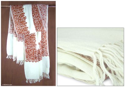Wool shawl, 'White Floral Drama' - Handcrafted Women's Floral Wool Embroidered Shawl