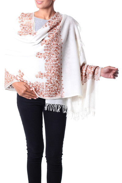 Wool shawl, 'White Floral Drama' - Handcrafted Women's Floral Wool Embroidered Shawl