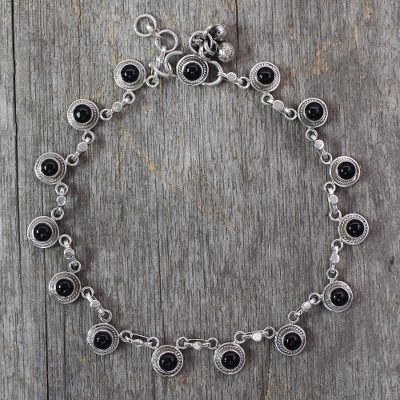 Onyx anklet, 'Dark Moon' - Onyx and Sterling Silver Ankle jewellery from India