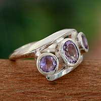 Amethyst 3 stone ring, 'Lilac Trio' - Sterling Silver Wrap Amethyst Ring