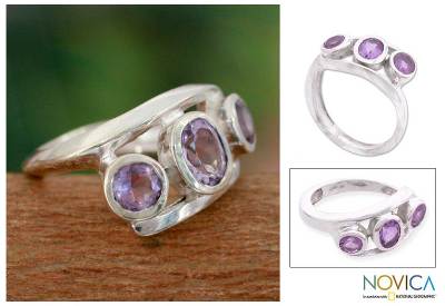 Amethyst 3 stone ring, 'Lilac Trio' - Sterling Silver Wrap Amethyst Ring