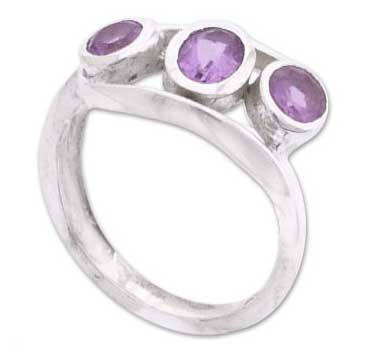 Amethyst 3 stone ring, 'Lilac Trio' - Sterling Silver Wrap Amethyst Ring