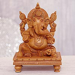 Wood sculpture, 'Peaceful Ganesha'