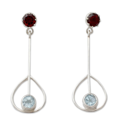 Garnet and topaz dangle earrings, 'Mod Swing' - Hand Crafted Blue Topaz and Garnet Earrings