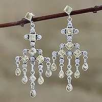 Citrine and topaz chandelier earrings, 'Fountain' - Unique Sterling Silver and Topaz Chandelier Earrings