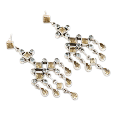 Citrine and topaz chandelier earrings, 'Fountain' - Unique Sterling Silver and Topaz Chandelier Earrings