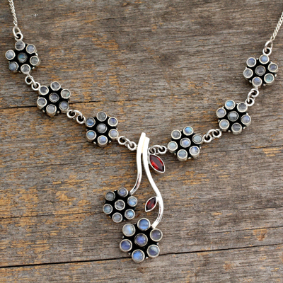 Moonstone and garnet floral necklace, 'White Marigold' - Moonstone and garnet floral necklace