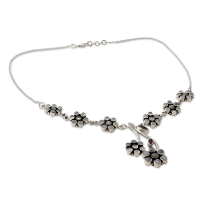 Moonstone and garnet floral necklace, 'White Marigold' - Moonstone and garnet floral necklace