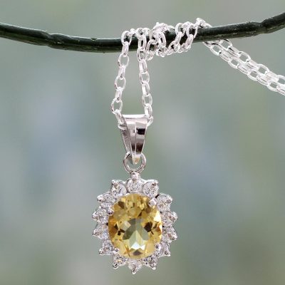 Citrine floral necklace, 'Dazzle' - Citrine and Sterling Silver Necklace from India