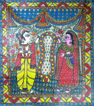 Madhubani painting - Jai Mala Garland I | NOVICA