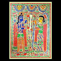 Madhubani painting, 'Celestial Union' - Madhubani Folk Art Painting