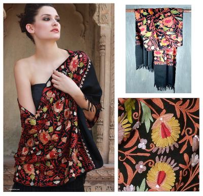 Wool shawl, 'Wild Garden' - Artisan Crafted Floral Wool Embroidered Shawl