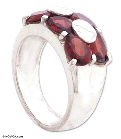 Garnet cocktail ring, 'Love Talks' - Artisan Crafted Sterling Silver Garnet Ring