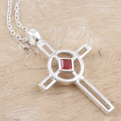 Garnet cross necklace, 'Celtic Cross' - Sterling Silver and Garnet Pendant Necklace