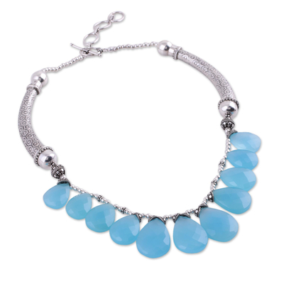 Chalcedony waterfall necklace, 'Blue Petals' - Sterling Silver Chalcedony Necklace from India