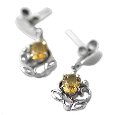 Citrine dangle earrings, 'Reverie' - Sterling Silver and Citrine Earrings from India