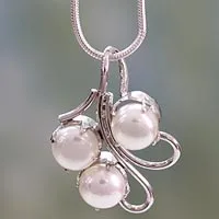 Pearl pendant necklace, 'Angelic Trio' - Unique Bridal Jewelry Sterling Silver Pearl Necklace