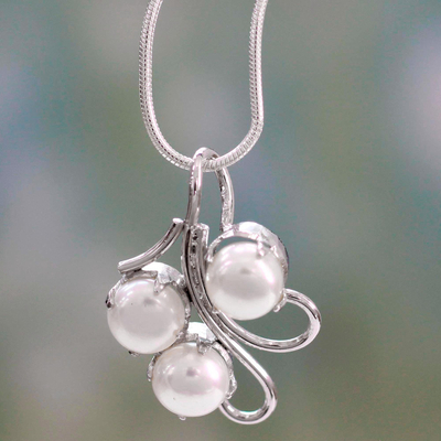 Pearl pendant necklace, 'Angelic Trio' - Unique Bridal jewellery Sterling Silver Pearl Necklace