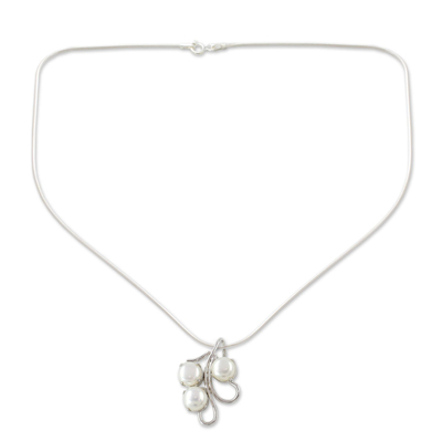 Pearl pendant necklace, 'Angelic Trio' - Unique Bridal Jewelry Sterling Silver Pearl Necklace
