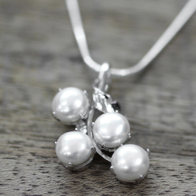 Pearl pendant necklace, 'Angelic Bouquet' - Bridal Pearl Jewelry Sterling Silver Necklace from India