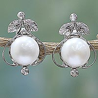 Pearl button earrings, 'Perfect Purity' - Handcrafted Floral Pearl and Sterling Silver Earrings