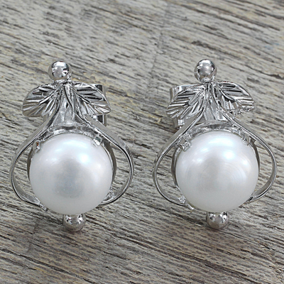 Pendientes botón perla - Aretes artesanales de perlas florales y plata esterlina